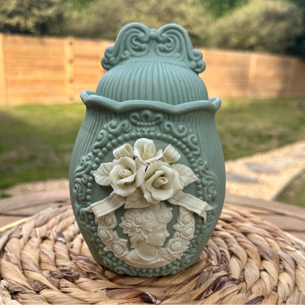 SOLD ✨ Vintage Jade Green & White Jasperware Trinket Jar with Lid MCM✨